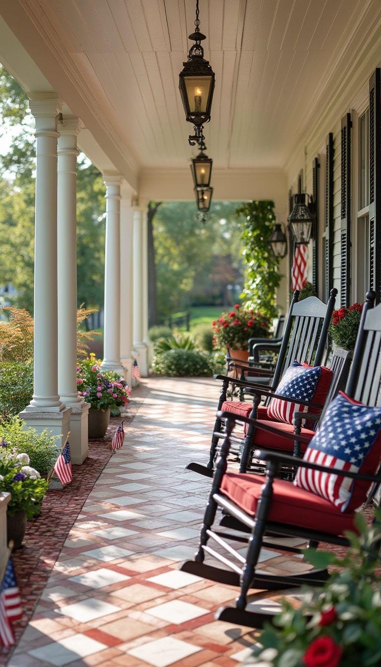 15. Nostalgic Americana: Blend rocking chairs, a flag motif decor, and a checkerboard tile floor-0