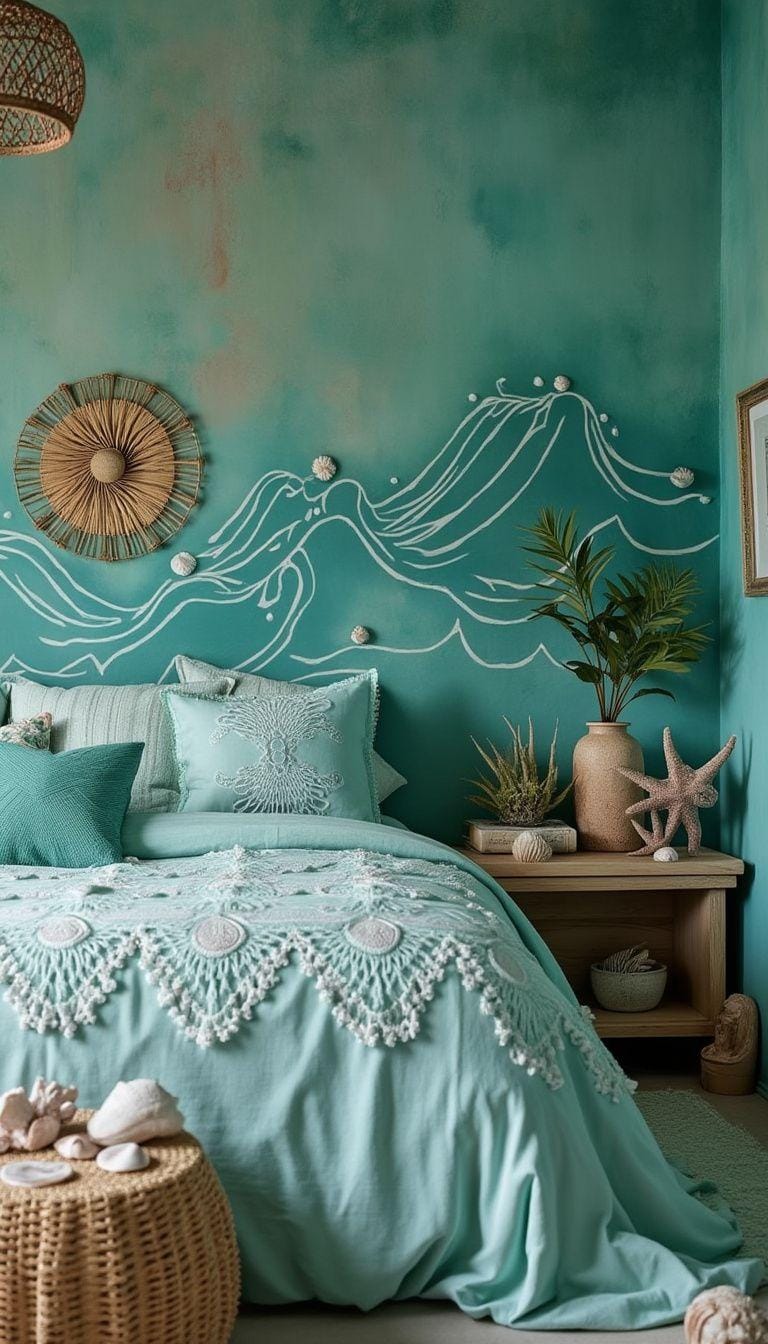 8. Oceanic Boho Breezes: Integrate aqua blues and seafoam greens with wave-like patterns and seashells-0