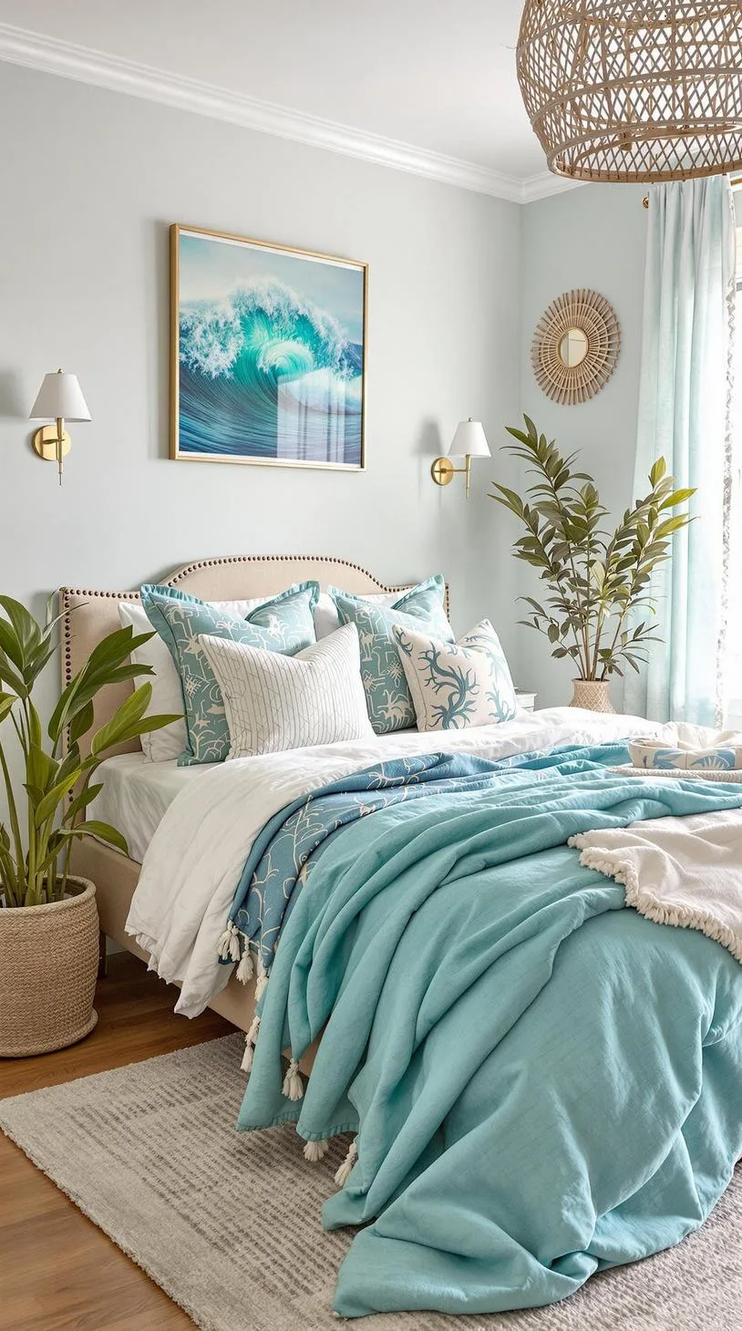 21 Colorful Boho Bedroom Ideas for a Whimsical Hippie Vibe 23 8. Oceanic Boho Breezes: Integrate aqua blues and seafoam greens with wave-like patterns and seashells-1