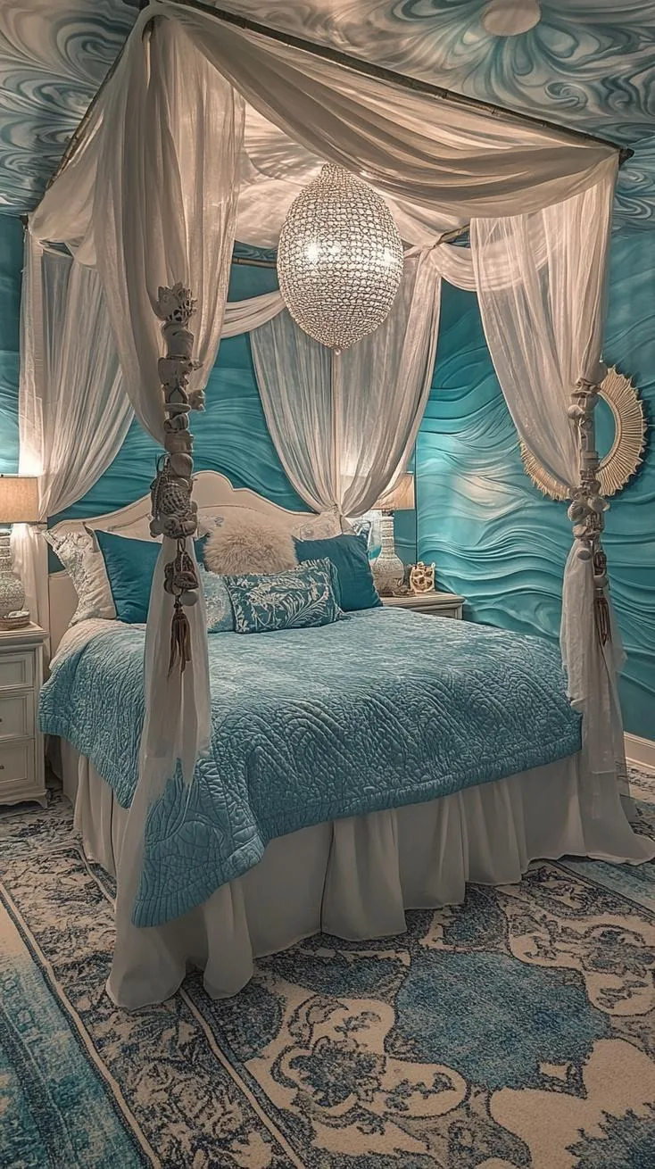 21 Colorful Boho Bedroom Ideas for a Whimsical Hippie Vibe 24 8. Oceanic Boho Breezes: Integrate aqua blues and seafoam greens with wave-like patterns and seashells-2