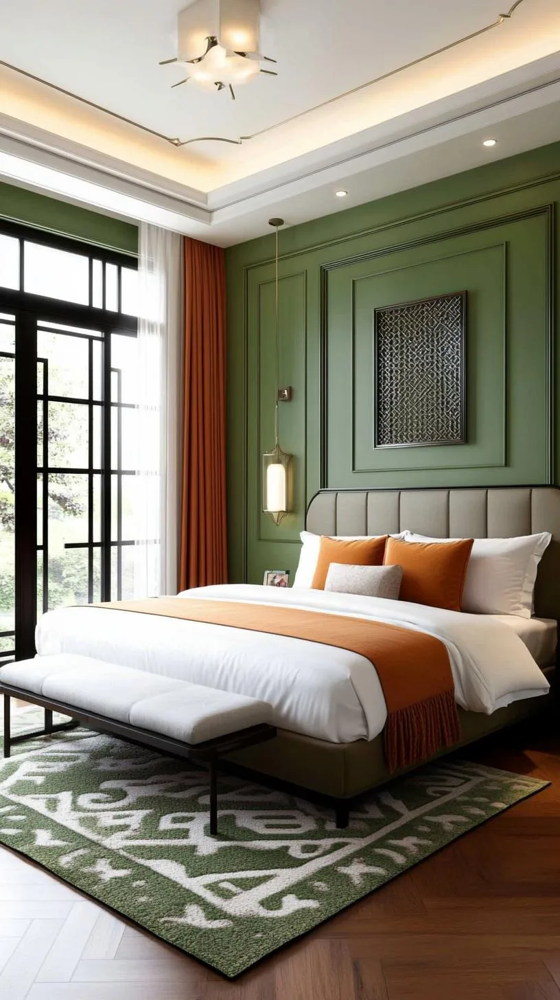 23 Stunning Olive Green Bedroom Ideas You'll Absolutely Love 132 15. Olive Green Art Deco Bedroom with Intricate Metalwork and Bold Accents-0