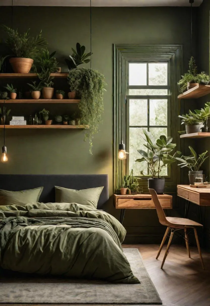 23 Stunning Olive Green Bedroom Ideas You'll Absolutely Love 159 18. Olive Green Botanical Bedroom with Plant Overhead Shelves and Wooden Furniture-0