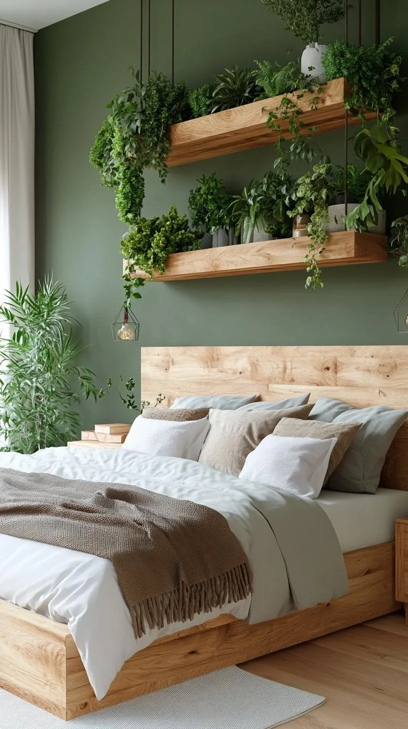 23 Stunning Olive Green Bedroom Ideas You'll Absolutely Love 160 18. Olive Green Botanical Bedroom with Plant Overhead Shelves and Wooden Furniture-1