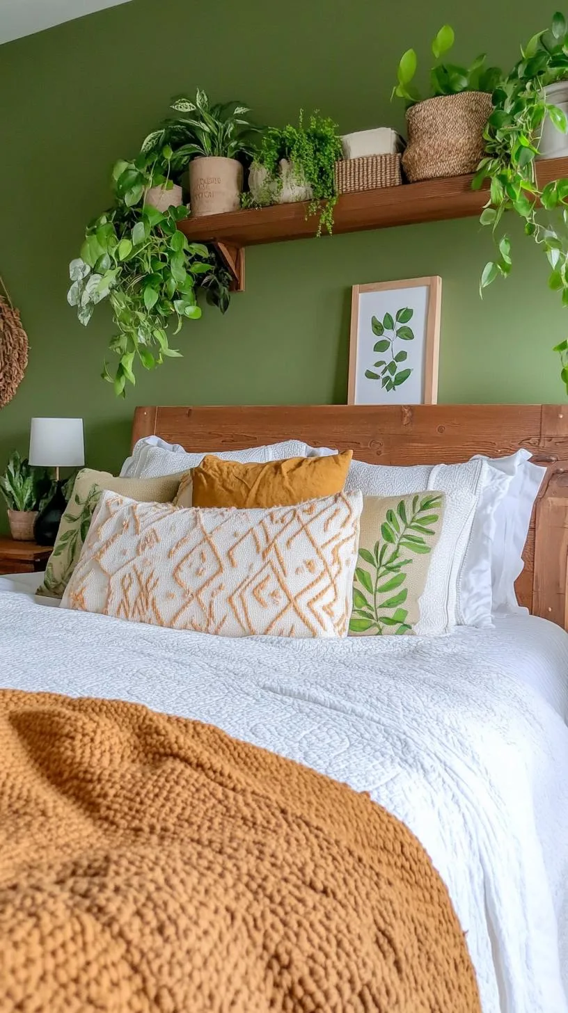 23 Stunning Olive Green Bedroom Ideas You'll Absolutely Love 161 18. Olive Green Botanical Bedroom with Plant Overhead Shelves and Wooden Furniture-2