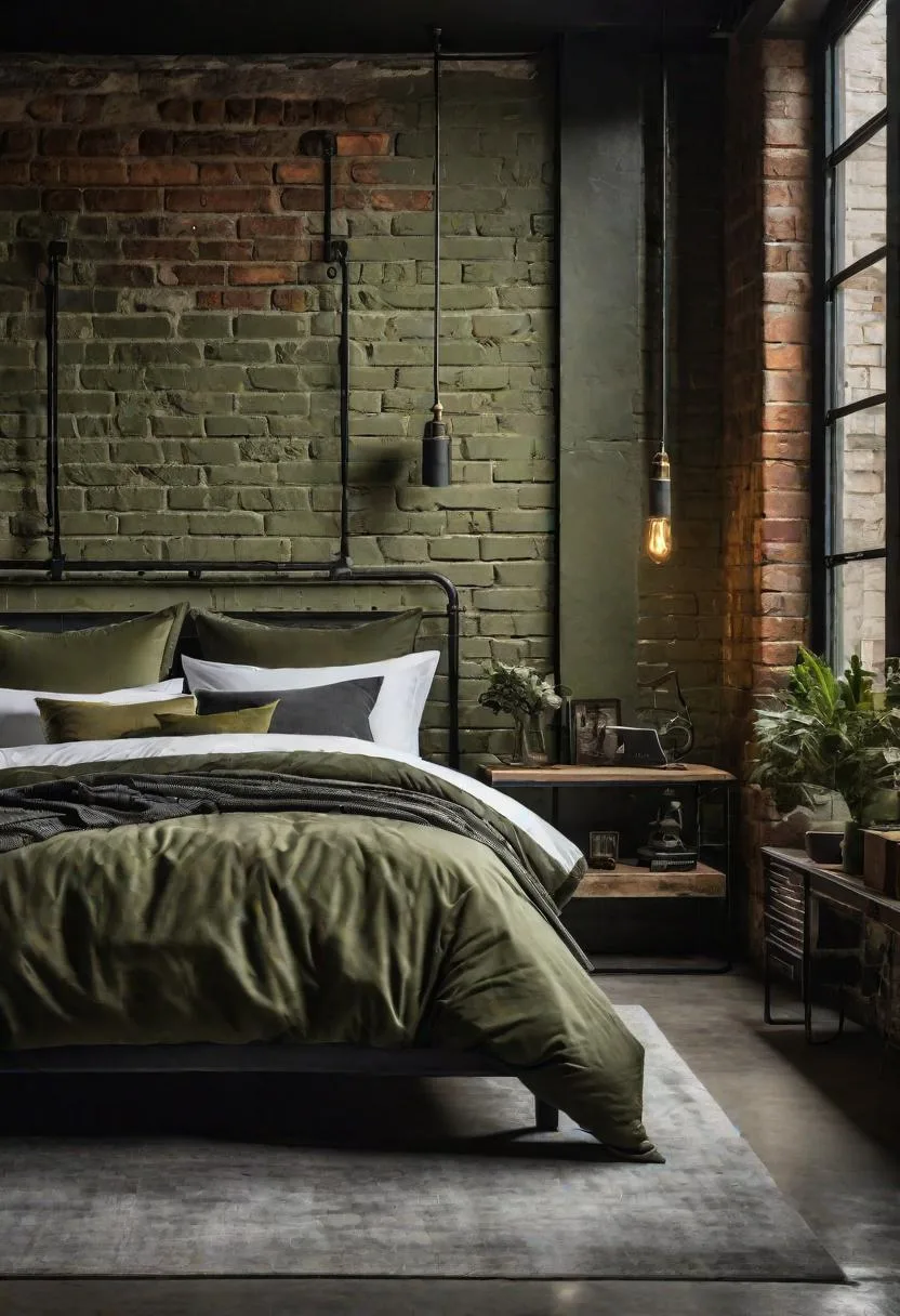 23 Stunning Olive Green Bedroom Ideas You'll Absolutely Love 77 9. Olive Green Industrial Loft-Style Bedroom with Exposed Brick-0
