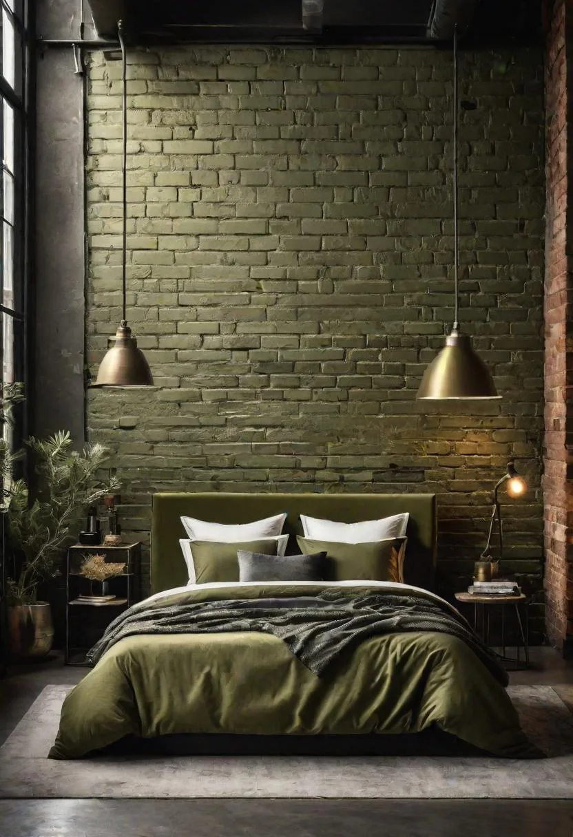 23 Stunning Olive Green Bedroom Ideas You'll Absolutely Love 78 9. Olive Green Industrial Loft-Style Bedroom with Exposed Brick-1