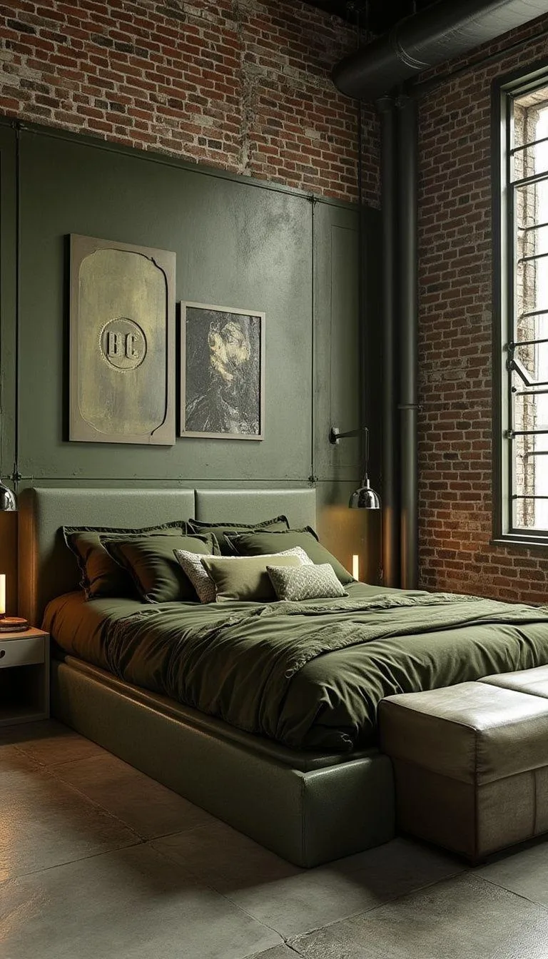 23 Stunning Olive Green Bedroom Ideas You'll Absolutely Love 85 9. Olive Green Industrial Loft-Style Bedroom with Exposed Brick-2