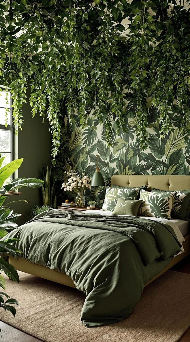 23 Stunning Olive Green Bedroom Ideas You'll Absolutely Love 50 6. Olive Green Jungle-Themed Bedroom with Leafy Prints and Faux Vines-0
