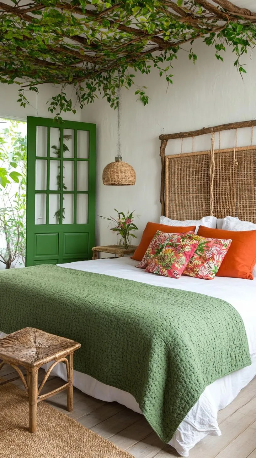 23 Stunning Olive Green Bedroom Ideas You'll Absolutely Love 51 6. Olive Green Jungle-Themed Bedroom with Leafy Prints and Faux Vines-1