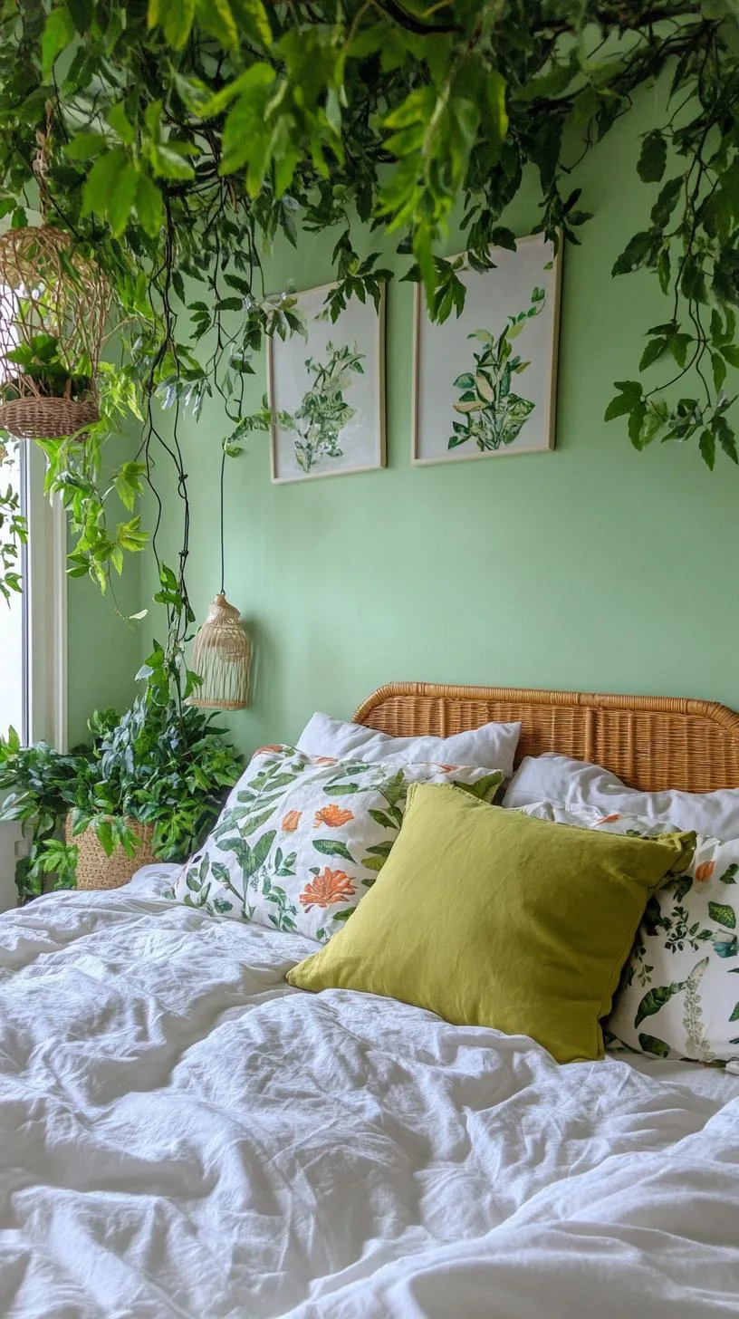23 Stunning Olive Green Bedroom Ideas You'll Absolutely Love 54 6. Olive Green Jungle-Themed Bedroom with Leafy Prints and Faux Vines-2