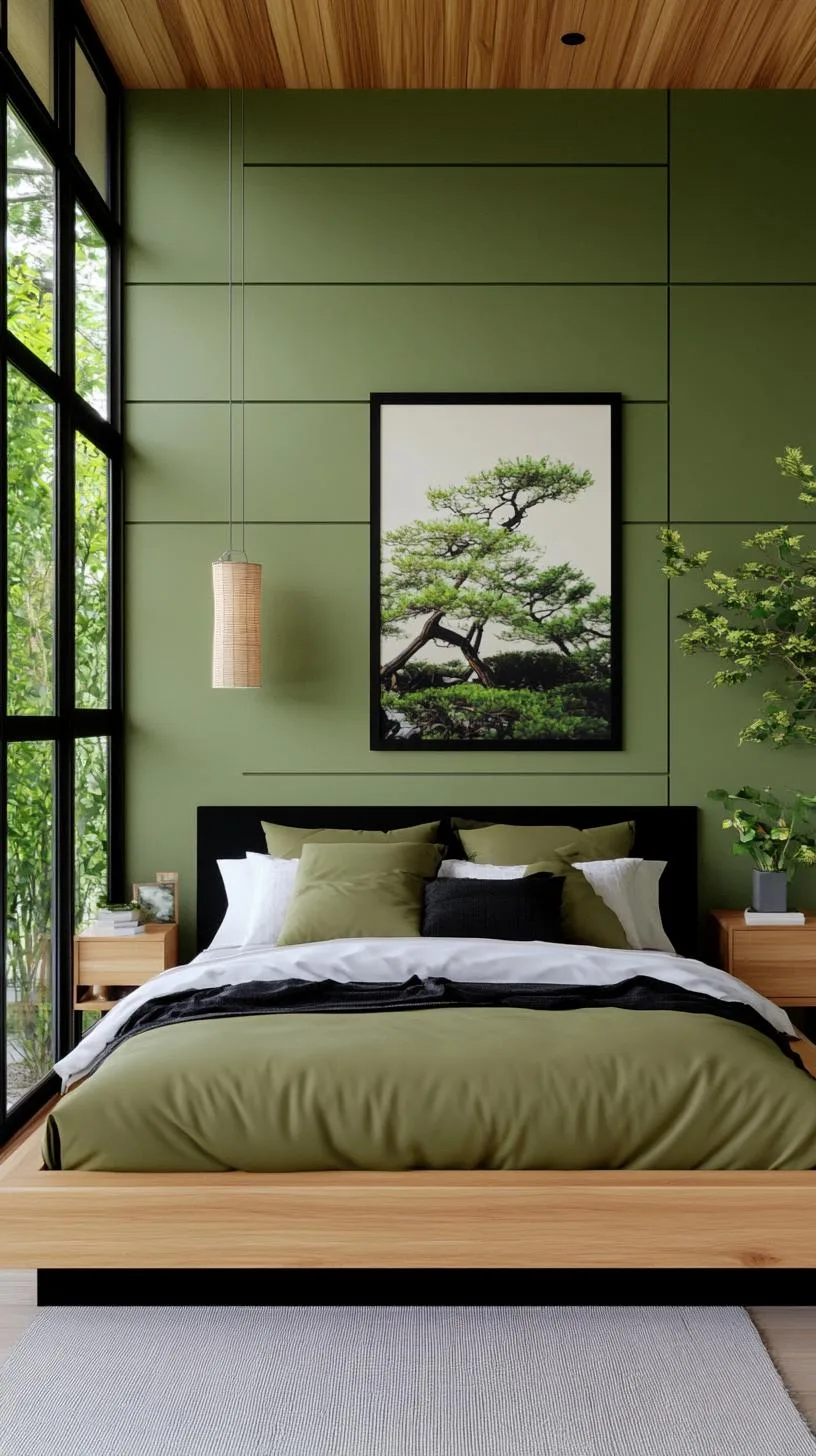 23 Stunning Olive Green Bedroom Ideas You'll Absolutely Love 178 20. Olive Green and Black Monochromatic Minimalist Bedroom-1