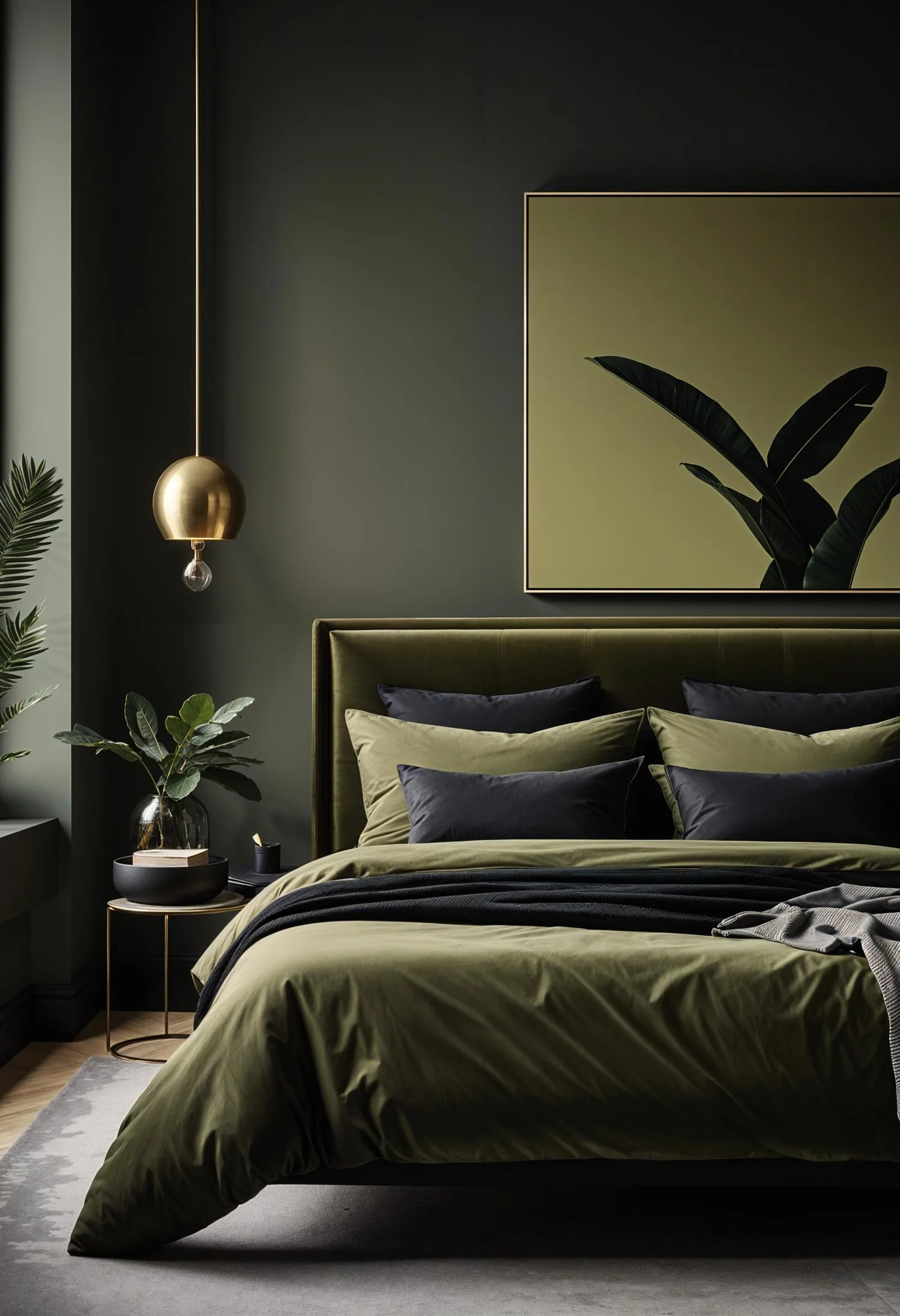 23 Stunning Olive Green Bedroom Ideas You'll Absolutely Love 184 20. Olive Green and Black Monochromatic Minimalist Bedroom-3