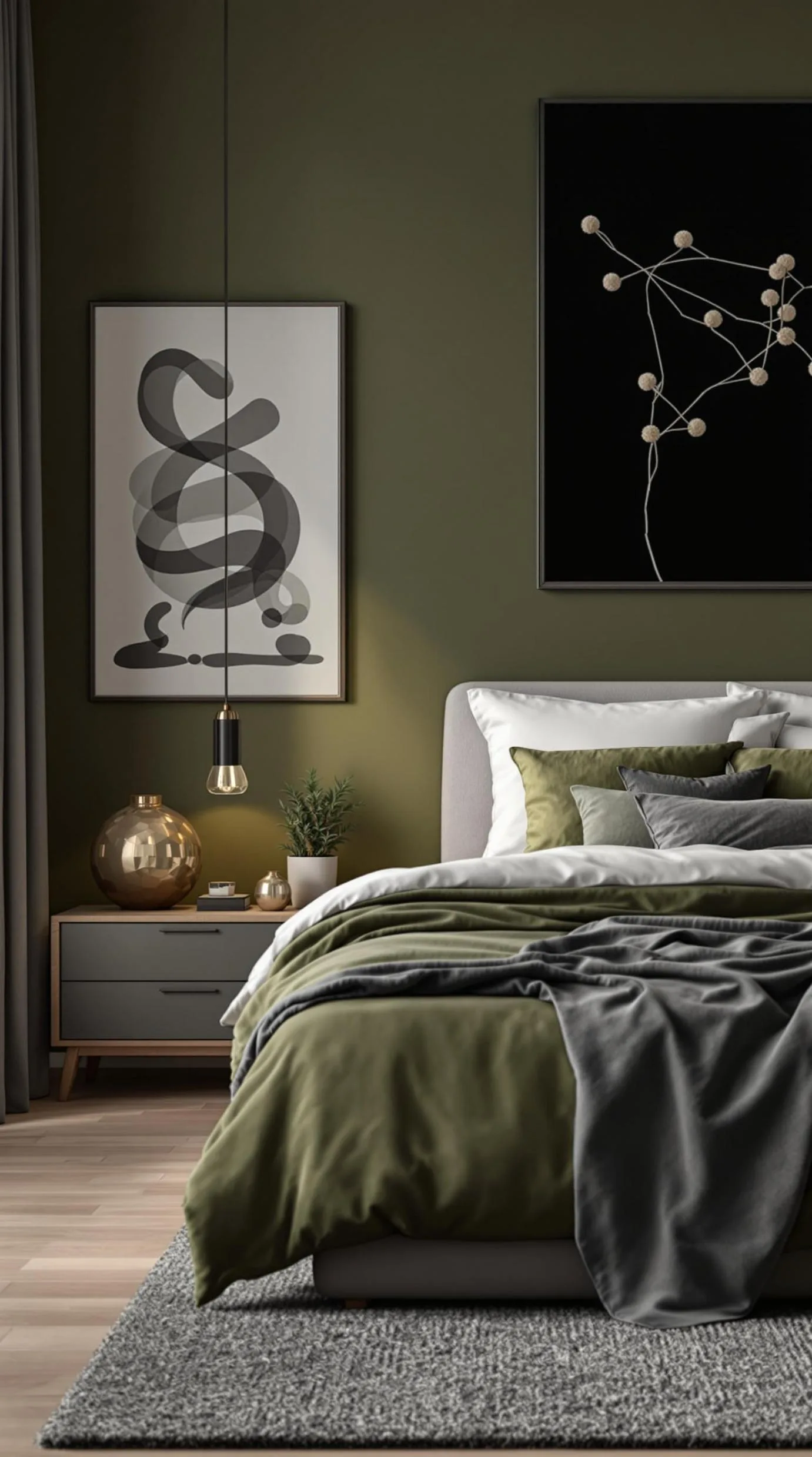 23 Stunning Olive Green Bedroom Ideas You'll Absolutely Love 150 17. Olive Green and Charcoal Grey Bedroom with Monochrome Art Pieces-0