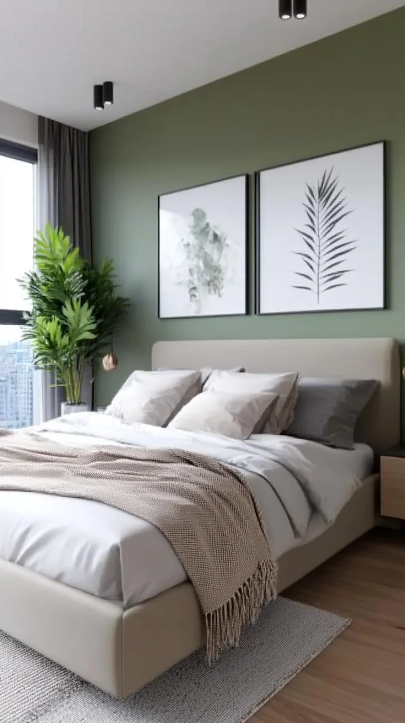 23 Stunning Olive Green Bedroom Ideas You'll Absolutely Love 151 17. Olive Green and Charcoal Grey Bedroom with Monochrome Art Pieces-1