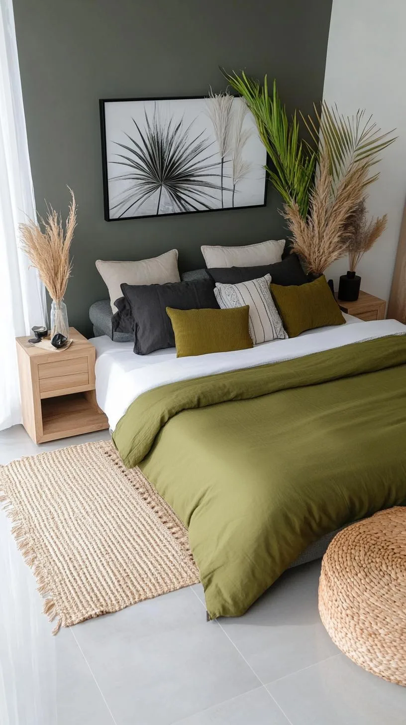 23 Stunning Olive Green Bedroom Ideas You'll Absolutely Love 152 17. Olive Green and Charcoal Grey Bedroom with Monochrome Art Pieces-2