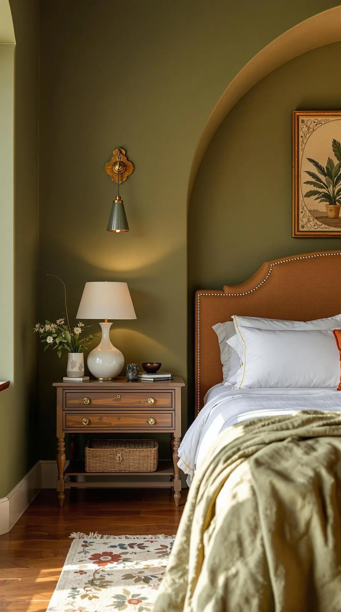 23 Stunning Olive Green Bedroom Ideas You'll Absolutely Love 96 11. Olive Green and Terracotta Mediterranean Style Bedroom-1