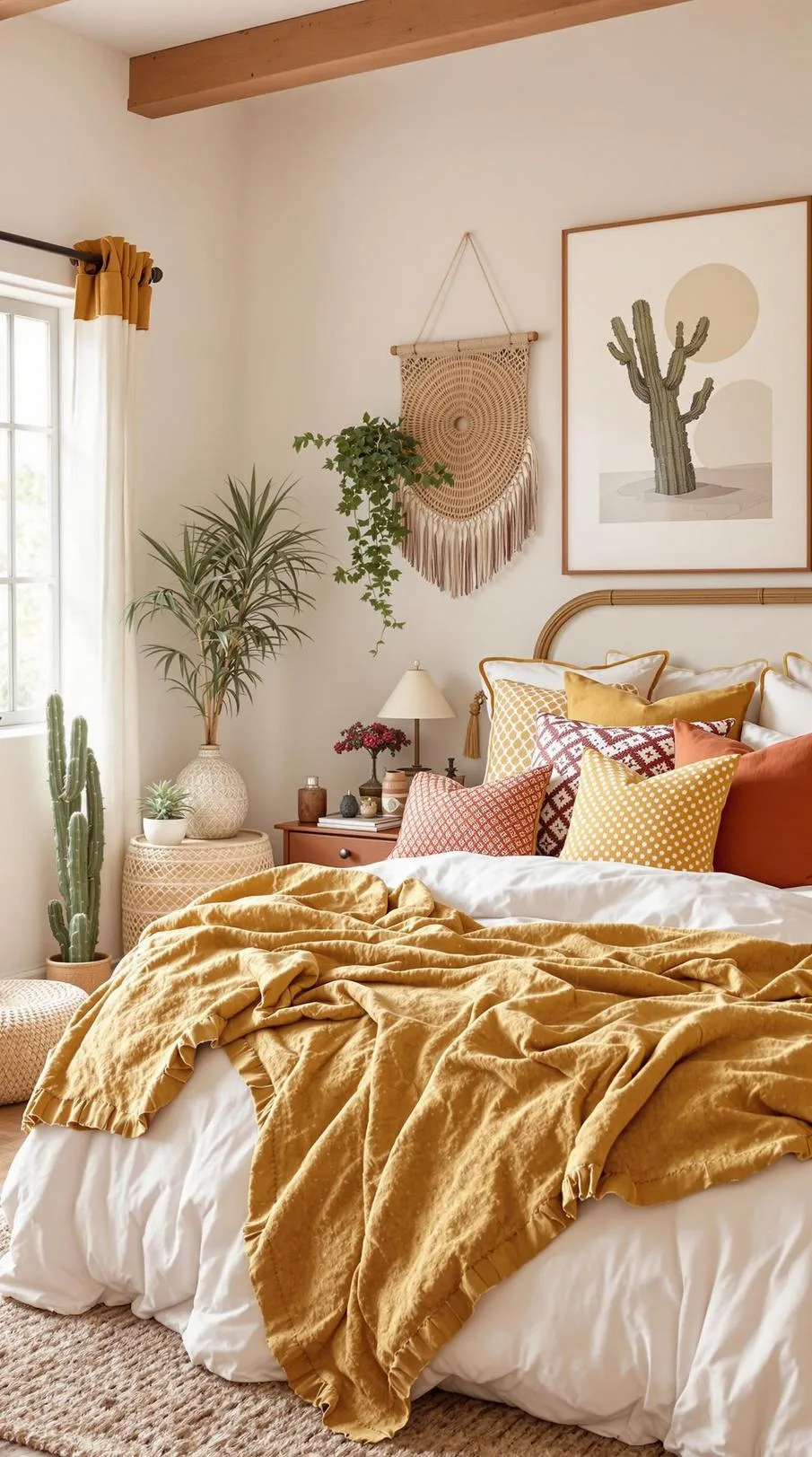 4. Opt for a desert oasis color palette with terracotta, mustard, and sandy beige combined with soft cotton bedding-1
