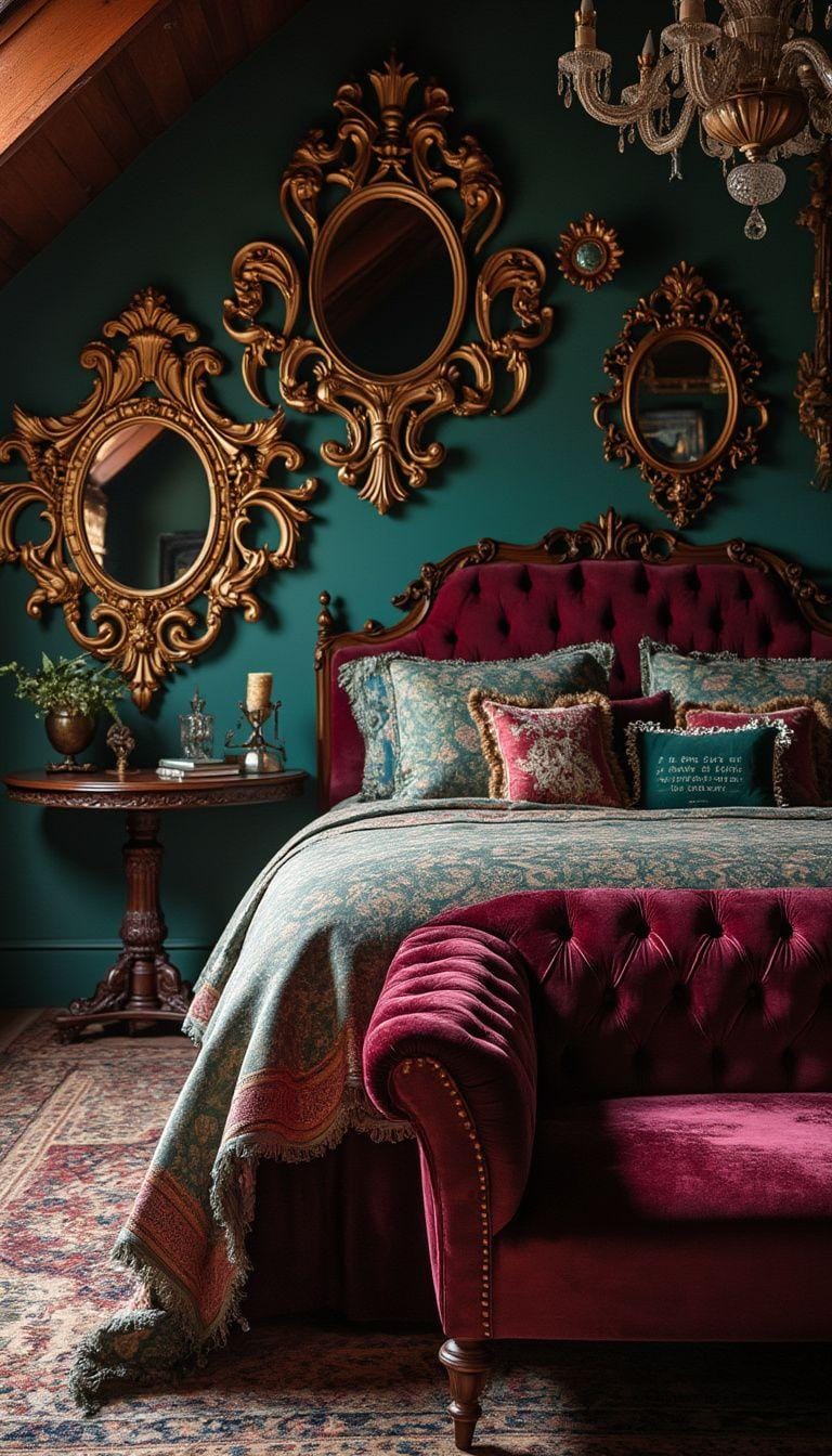 15. Opt for a vintage glam space with ornate mirrors, velvet tufted furniture, and rich jewel tones-1