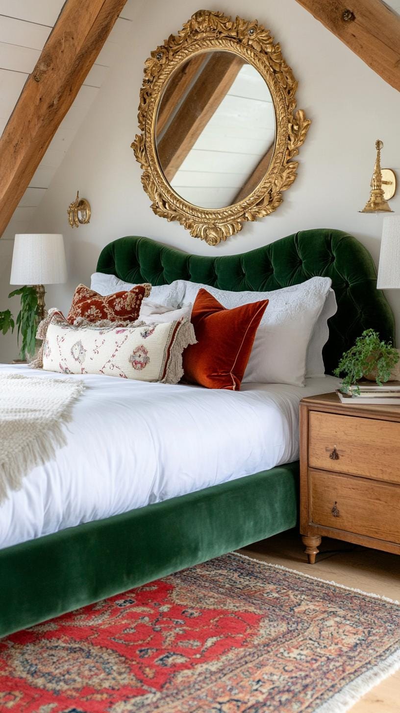 15. Opt for a vintage glam space with ornate mirrors, velvet tufted furniture, and rich jewel tones-2