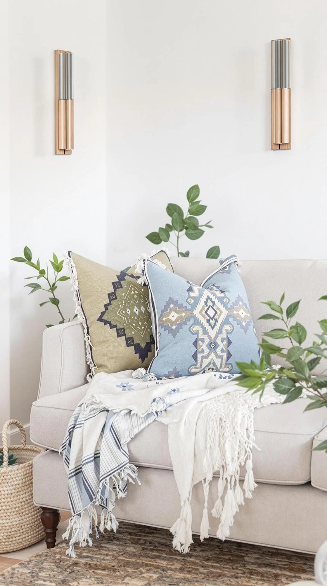 23 Unique Boho Farmhouse Living Room Ideas To Copy 46 15. Pastoral Palette: Select soft blues and olive greens for fabrics, pairing with neutral-colored walls and wooden wall sconces for a calming setting-0