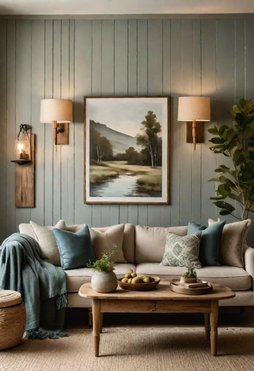 23 Unique Boho Farmhouse Living Room Ideas To Copy 47 15. Pastoral Palette: Select soft blues and olive greens for fabrics, pairing with neutral-colored walls and wooden wall sconces for a calming setting-1