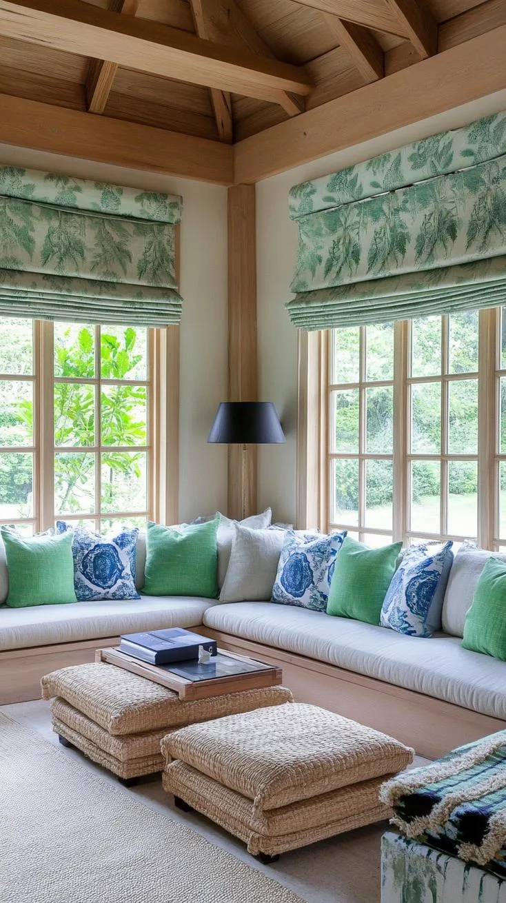 23 Unique Boho Farmhouse Living Room Ideas To Copy 48 15. Pastoral Palette: Select soft blues and olive greens for fabrics, pairing with neutral-colored walls and wooden wall sconces for a calming setting-2