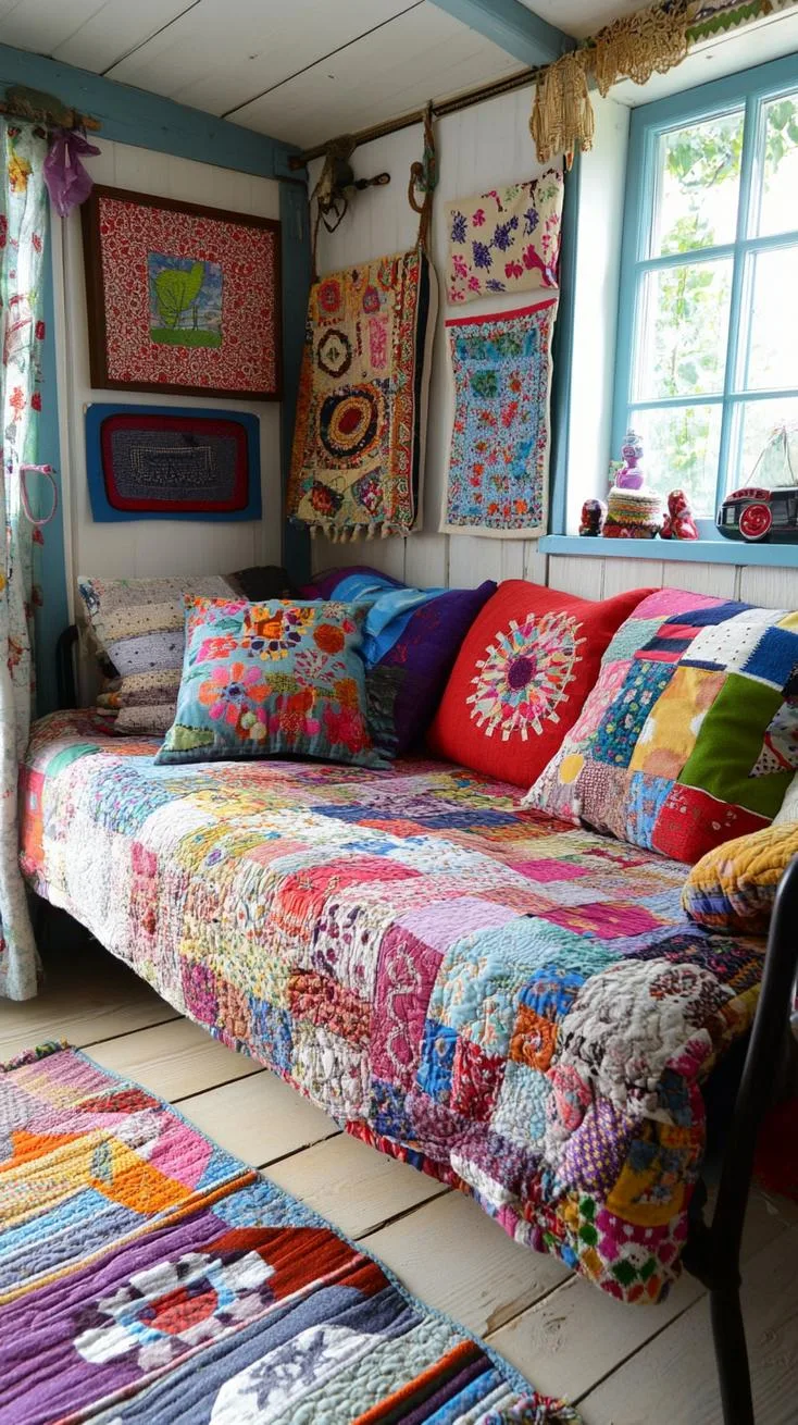 20. Patchwork Décor Elements: Integrate elements like patchwork quilts or furniture with patchwork upholstery for a vintage bohemian mix-1