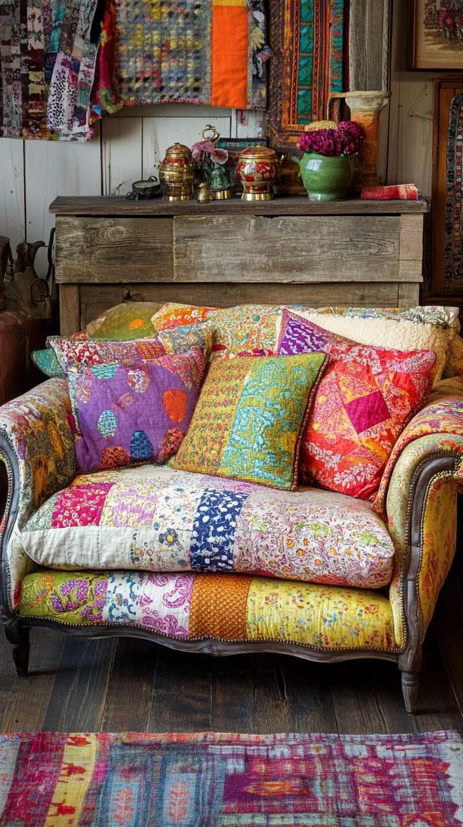 20. Patchwork Décor Elements: Integrate elements like patchwork quilts or furniture with patchwork upholstery for a vintage bohemian mix-3