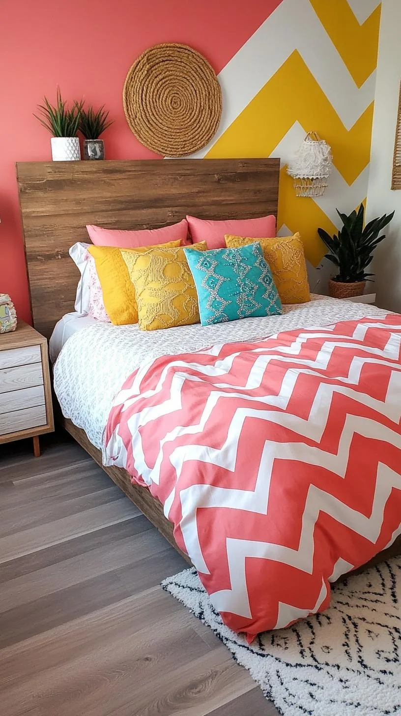 21 Colorful Boho Bedroom Ideas for a Whimsical Hippie Vibe 14 5. Psychedelic Patterns Playground: Combine zigzag patterns in bold pink, mustard yellow, and cobalt blue-1