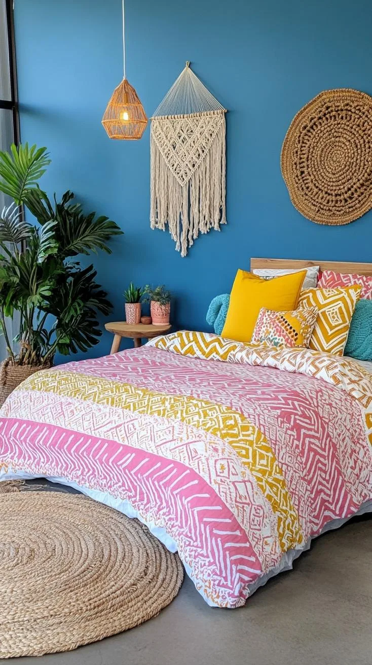 21 Colorful Boho Bedroom Ideas for a Whimsical Hippie Vibe 15 5. Psychedelic Patterns Playground: Combine zigzag patterns in bold pink, mustard yellow, and cobalt blue-2