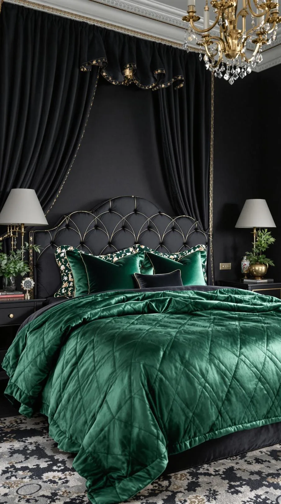 13. Regal Refinement: Implement black silk linens paired with emerald quilted throws for a royal touch-1