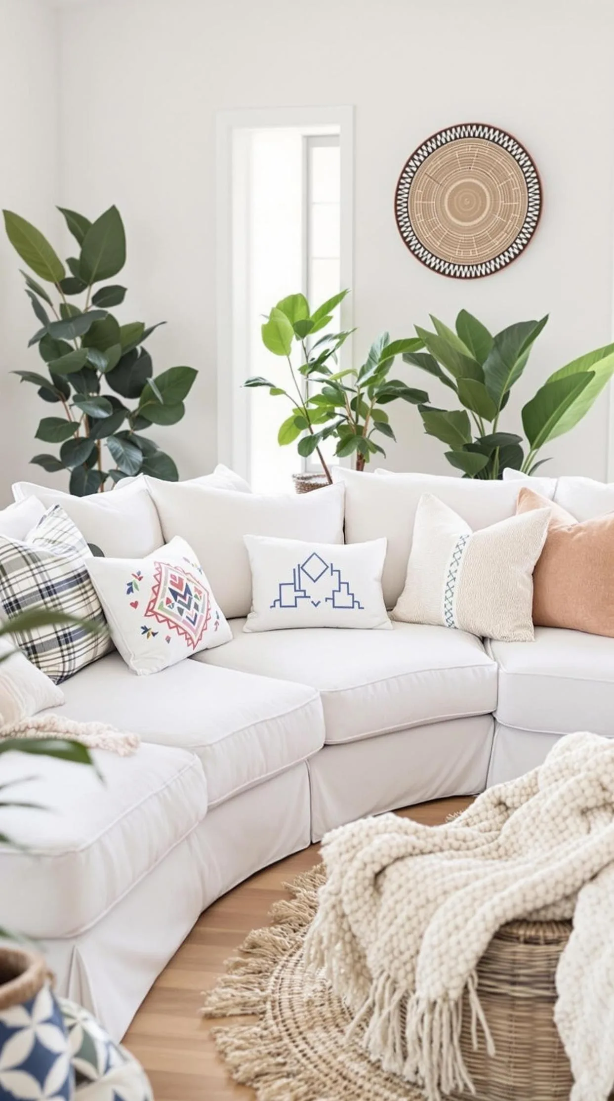 23 Unique Boho Farmhouse Living Room Ideas To Copy 49 16. Relaxed Repose: Style with a plush oversized sectional, embroidered pillows, and looped textiles, underlined by natural flooring and greenery-0