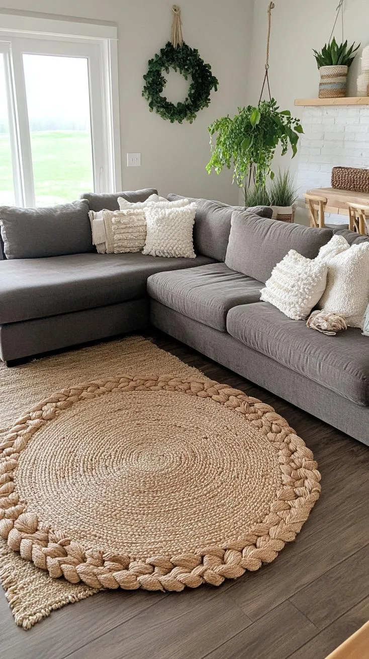 23 Unique Boho Farmhouse Living Room Ideas To Copy 50 16. Relaxed Repose: Style with a plush oversized sectional, embroidered pillows, and looped textiles, underlined by natural flooring and greenery-1