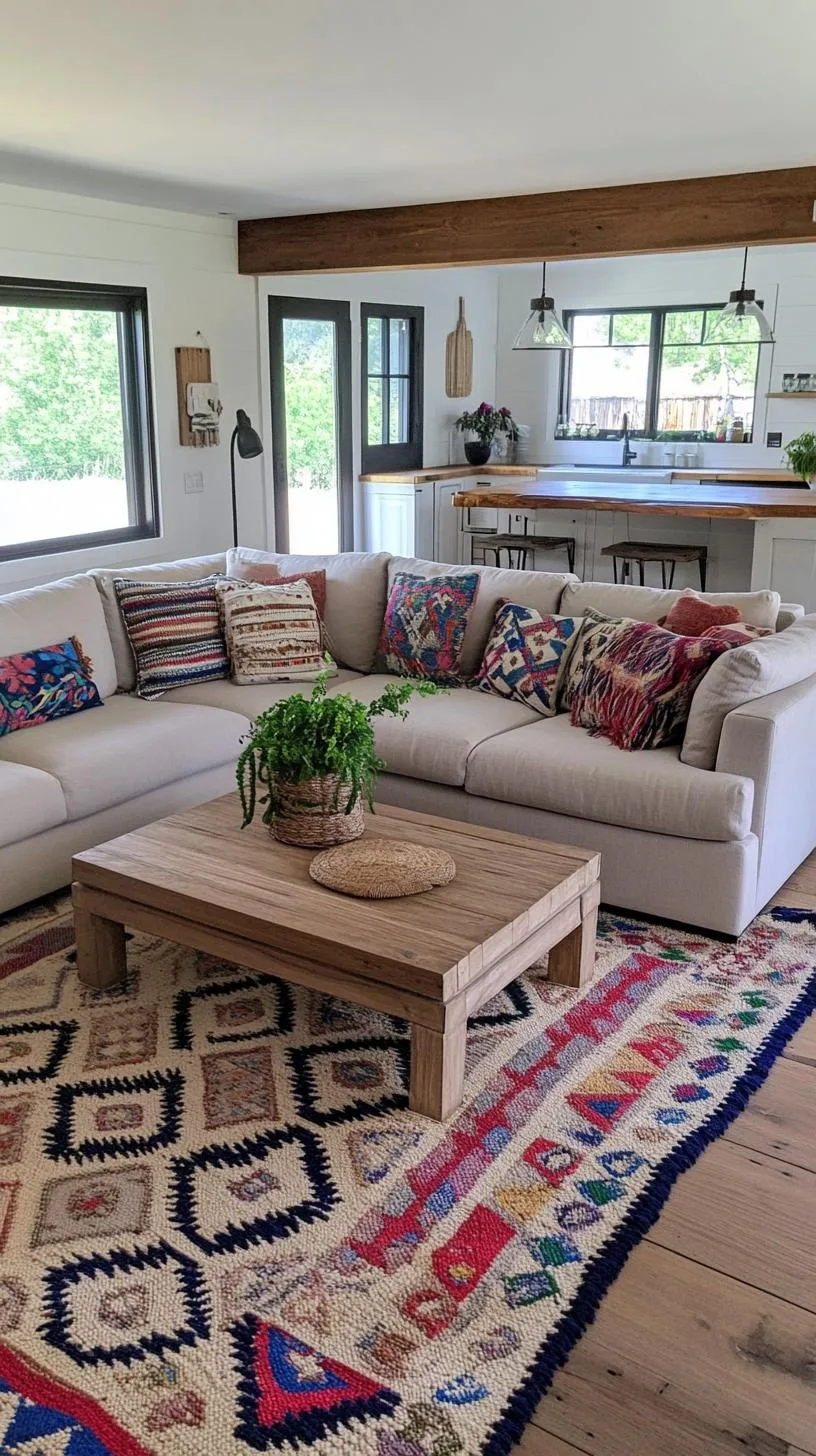 23 Unique Boho Farmhouse Living Room Ideas To Copy 51 16. Relaxed Repose: Style with a plush oversized sectional, embroidered pillows, and looped textiles, underlined by natural flooring and greenery-2