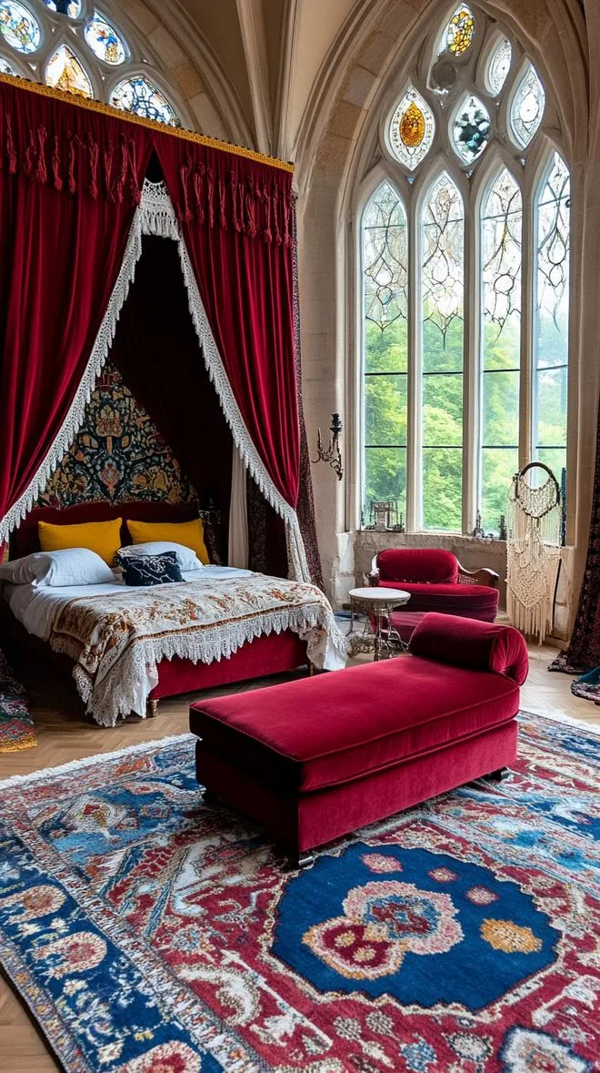8. Rich burgundy tapestry curtains paired with gothic lace valances, framing large arched windows-0