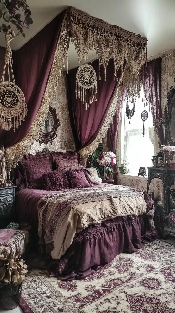 8. Rich burgundy tapestry curtains paired with gothic lace valances, framing large arched windows-1