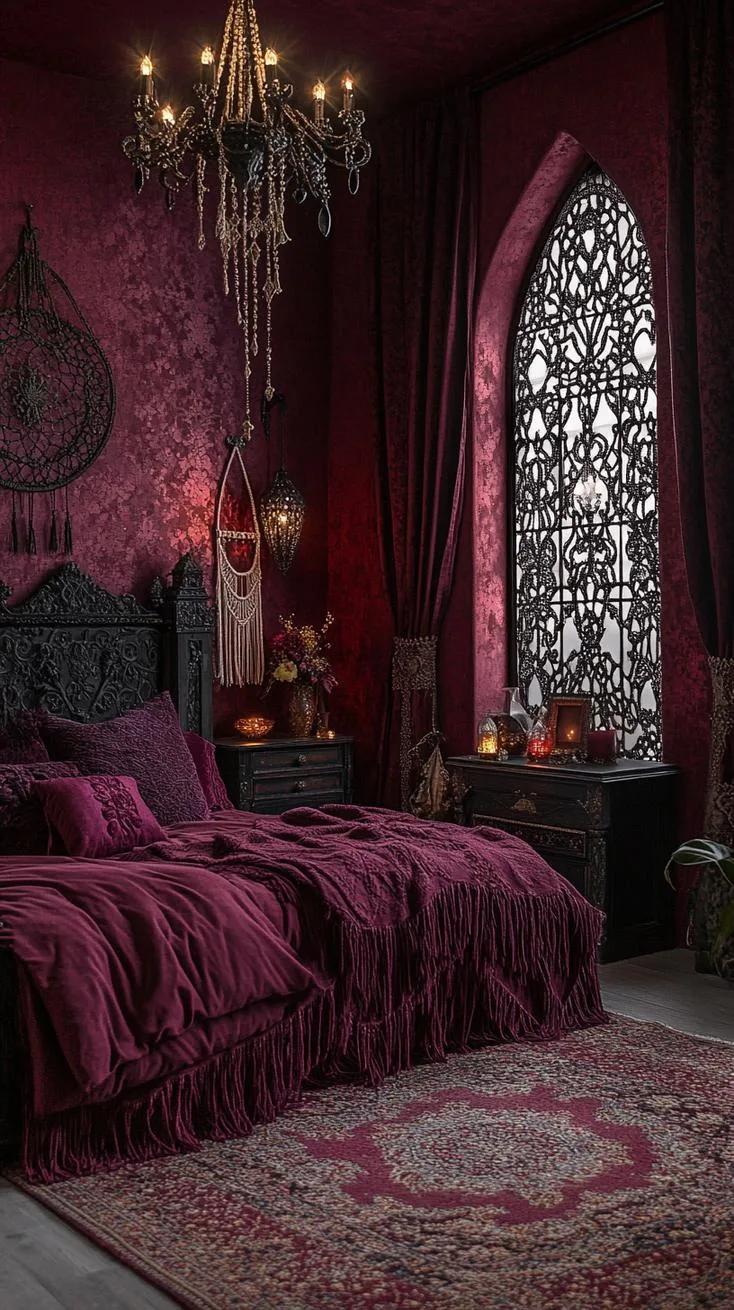 8. Rich burgundy tapestry curtains paired with gothic lace valances, framing large arched windows-2