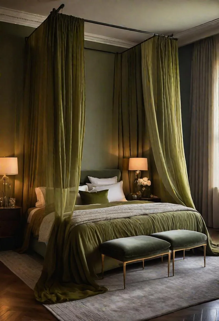 23 Stunning Olive Green Bedroom Ideas You'll Absolutely Love 87 10. Romantic Olive Green Bedroom with Sheer Drapes and Candle Holders-1
