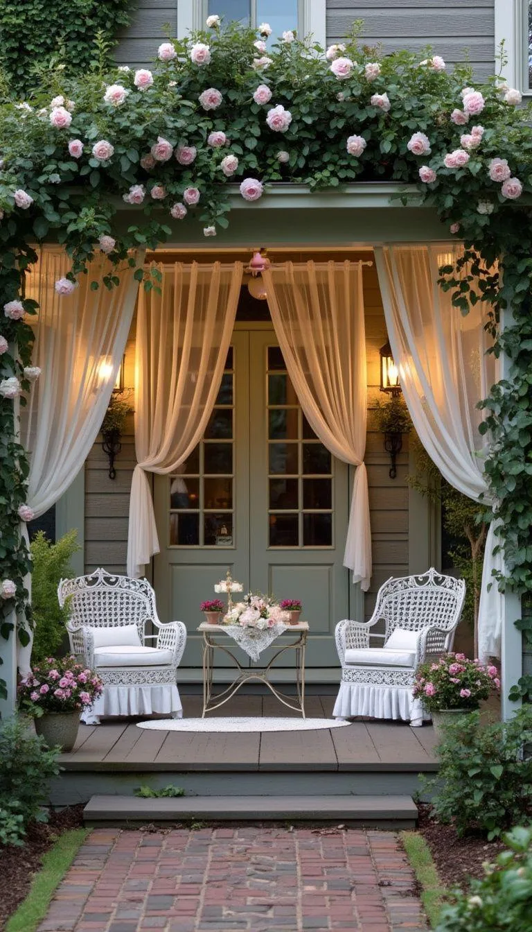 16. Romantic hideaway: Delicate white drapes, wrought iron furniture, and climbing roses evoke a timeless romance-0