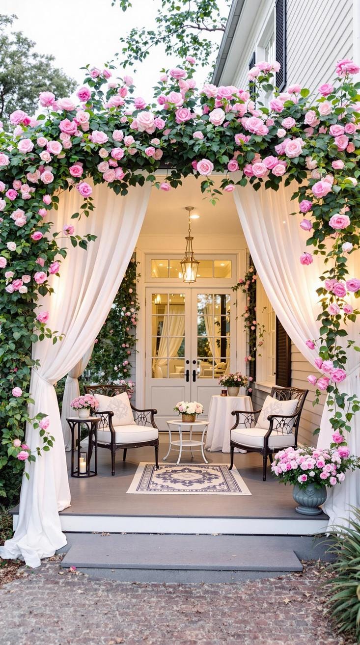 16. Romantic hideaway: Delicate white drapes, wrought iron furniture, and climbing roses evoke a timeless romance-1