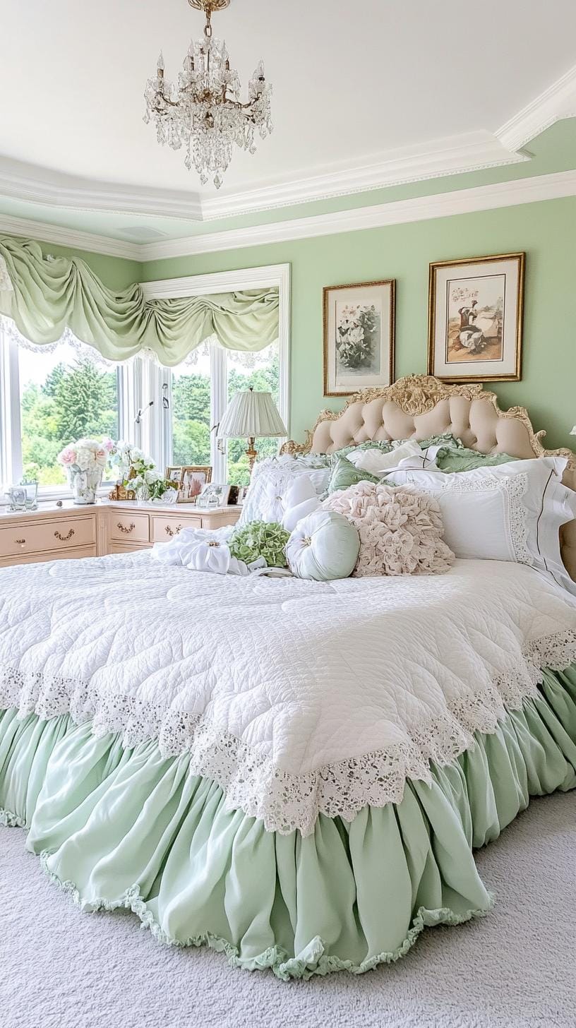 21. Romantic vintage boudoir with sage green ruffled bedlinen and antique dressers-0