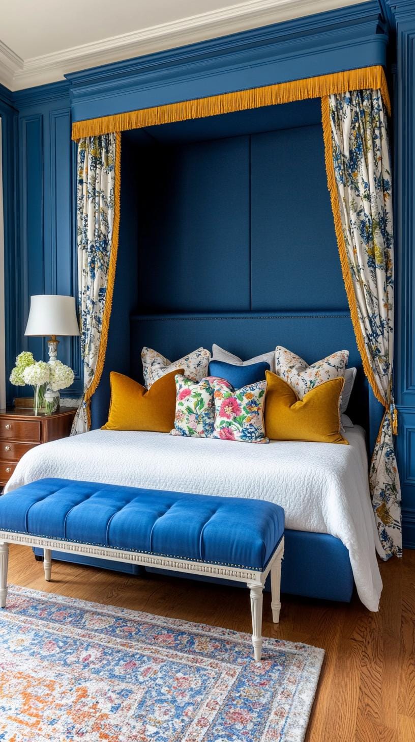 12. Royal Retreat: Dress up royal blue upholstery with gold-fringed cushions and ethereal drapery-0