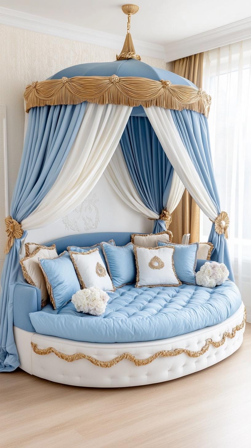 12. Royal Retreat: Dress up royal blue upholstery with gold-fringed cushions and ethereal drapery-1