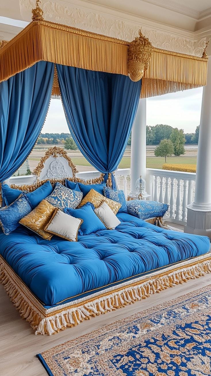 12. Royal Retreat: Dress up royal blue upholstery with gold-fringed cushions and ethereal drapery-2