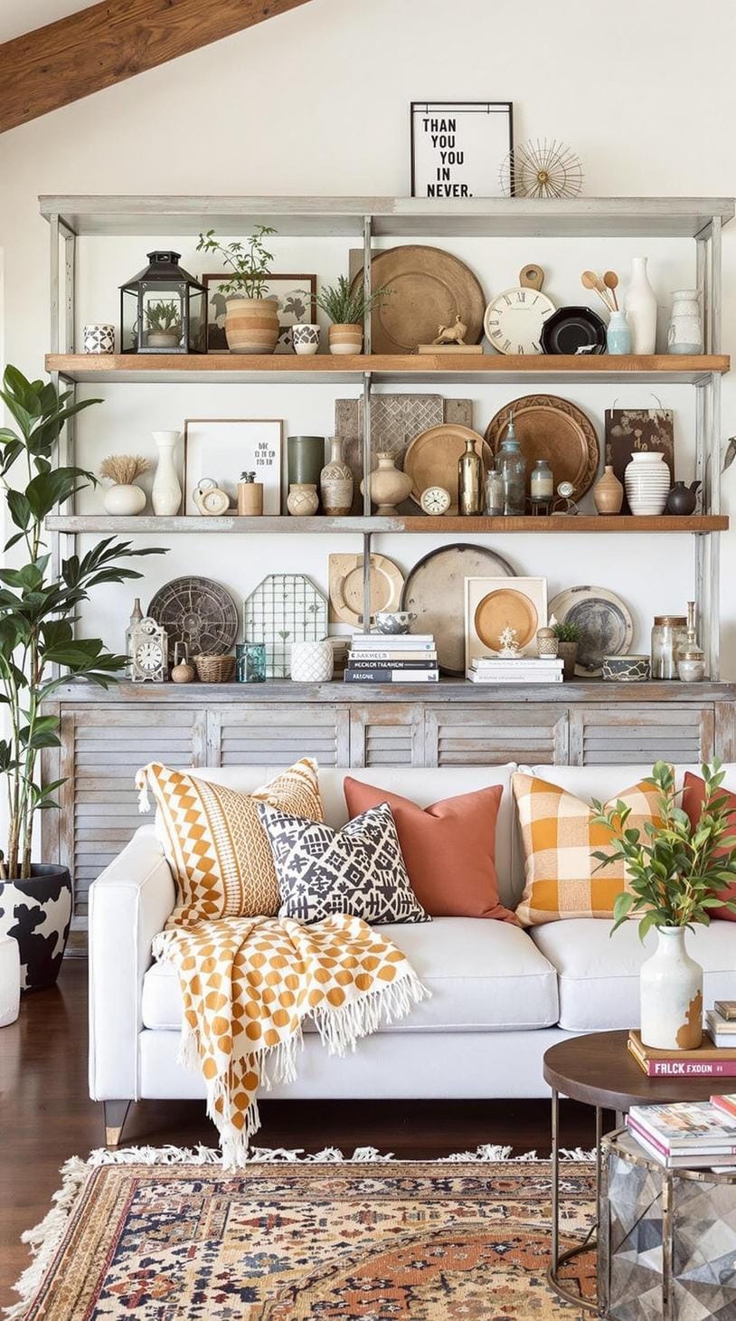 21. Rustic-Chic Fusion: Blend weathered metal accents with soft textiles in warm hues like ochre and rust, alongside exposed shelving with artisan knick-knacks-0