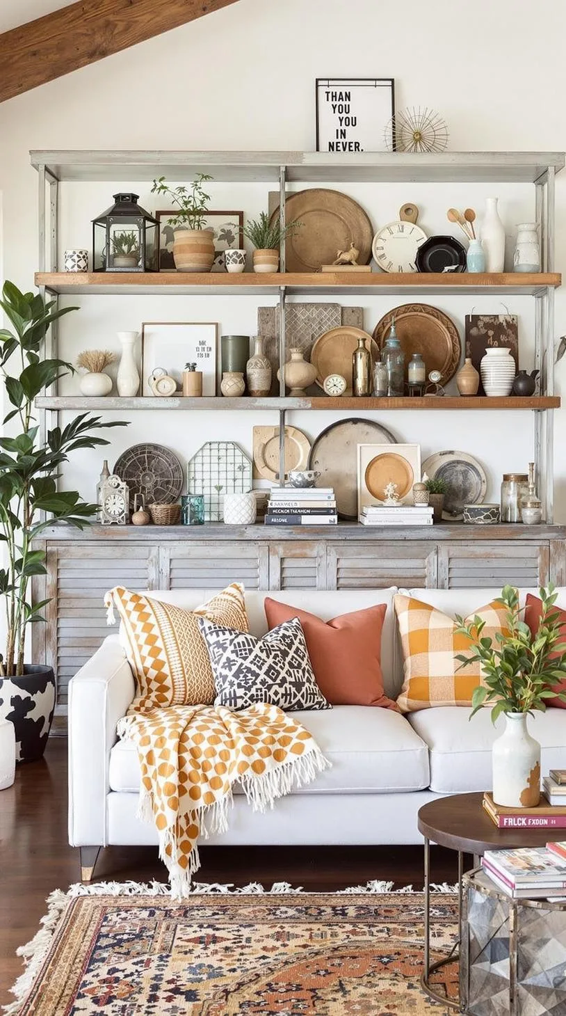 23 Unique Boho Farmhouse Living Room Ideas To Copy 65 21. Rustic-Chic Fusion: Blend weathered metal accents with soft textiles in warm hues like ochre and rust, alongside exposed shelving with artisan knick-knacks-0