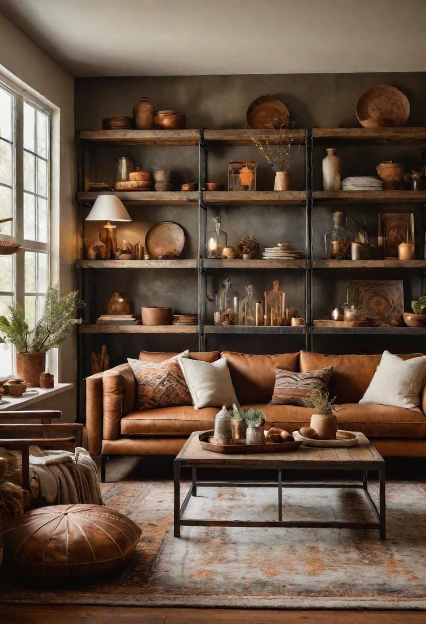 21. Rustic-Chic Fusion: Blend weathered metal accents with soft textiles in warm hues like ochre and rust, alongside exposed shelving with artisan knick-knacks-1