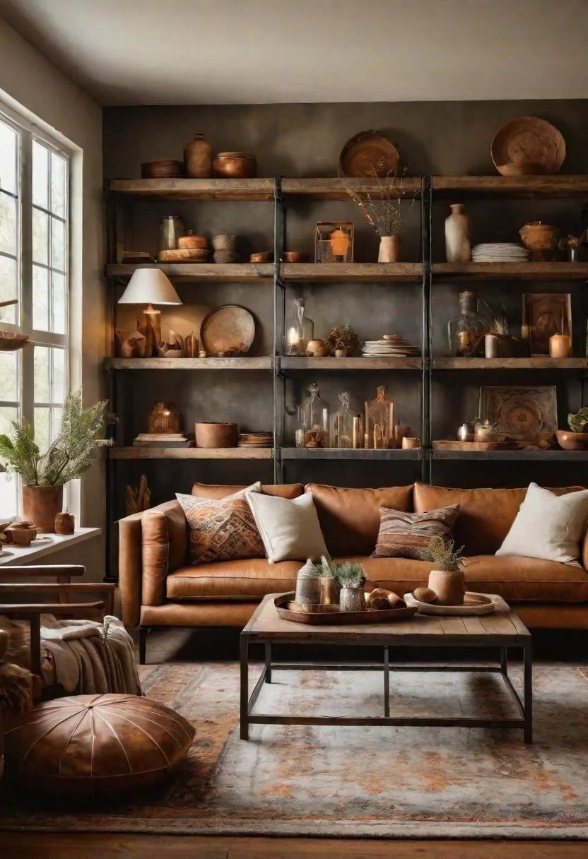23 Unique Boho Farmhouse Living Room Ideas To Copy 66 21. Rustic-Chic Fusion: Blend weathered metal accents with soft textiles in warm hues like ochre and rust, alongside exposed shelving with artisan knick-knacks-1
