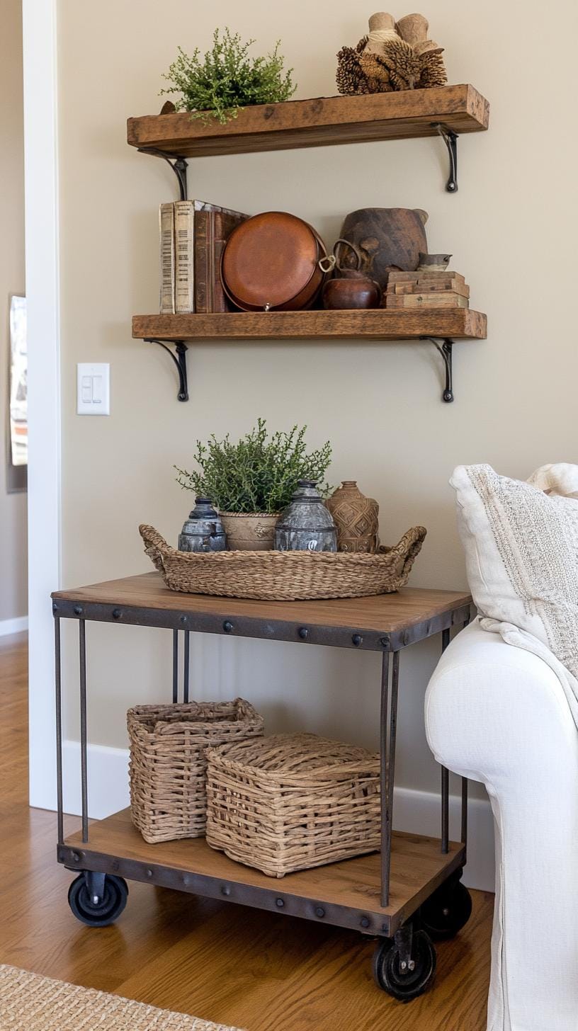 21. Rustic-Chic Fusion: Blend weathered metal accents with soft textiles in warm hues like ochre and rust, alongside exposed shelving with artisan knick-knacks-2