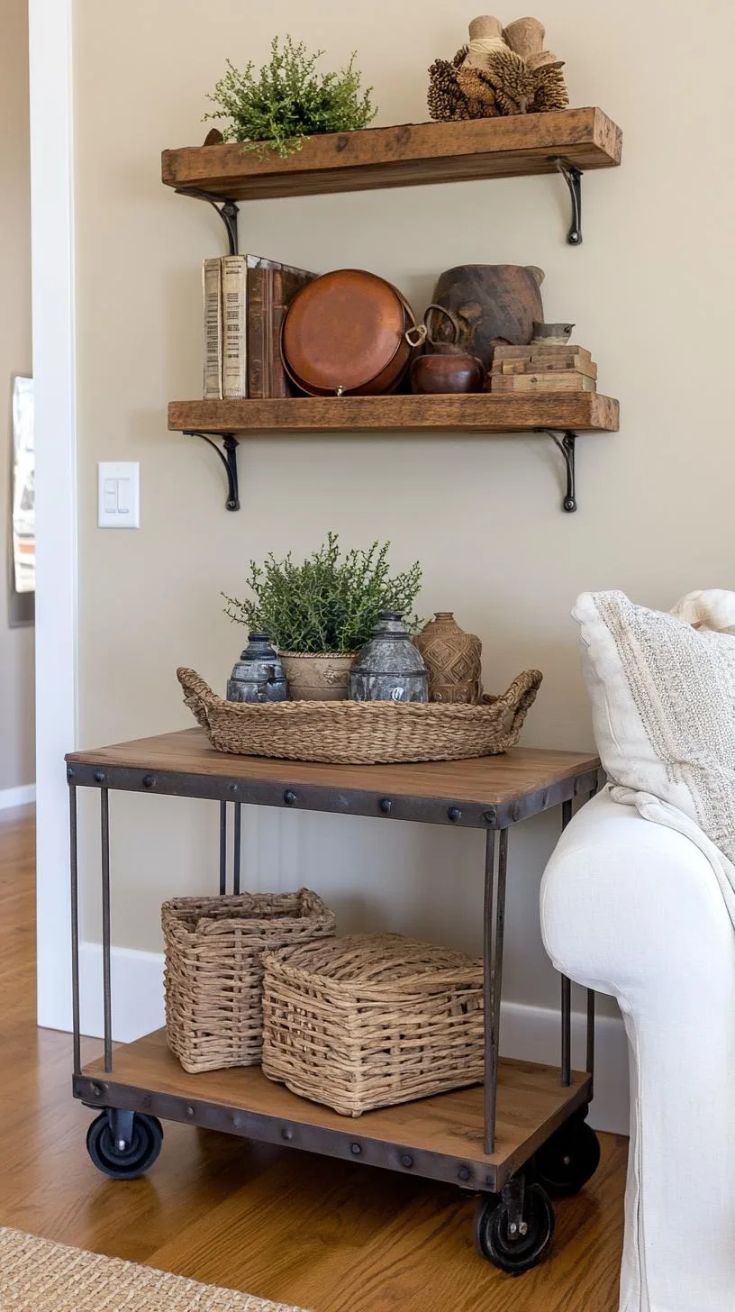 23 Unique Boho Farmhouse Living Room Ideas To Copy 67 21. Rustic-Chic Fusion: Blend weathered metal accents with soft textiles in warm hues like ochre and rust, alongside exposed shelving with artisan knick-knacks-2